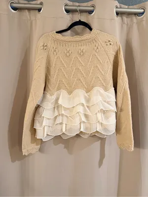 Source Unknown Cream Knit Cardigan with White Ruffle Hem thumbnail 2