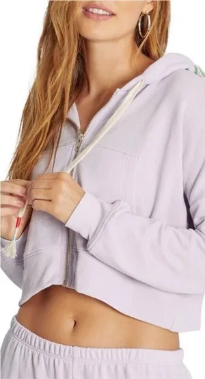 WILDFOX Hoodie Cropped Jacket‎ Large Purple Embroidered Flowers Zip Front Pastel thumbnail 1