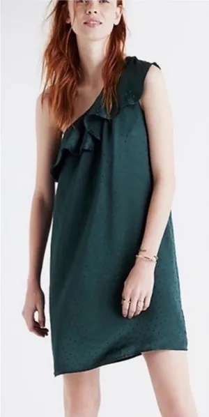 NWT Madewell Green Silk Polka Dot One Shoulder Dress Size 4 thumbnail 1