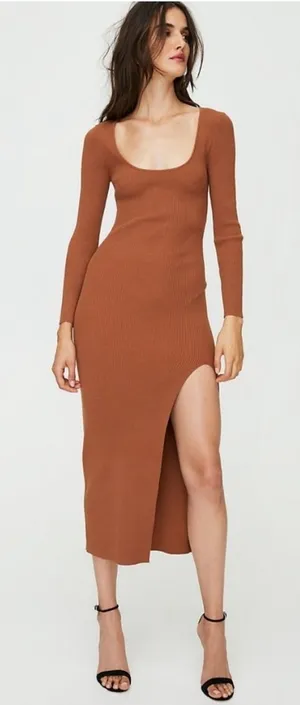 Aritzia‎ Wilfred Maeve Midi Bodycon Dress Size Large Brown Scoop Neck thumbnail 1