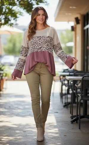 Umgee Women's Tan & Pink Loose Fitting Top thumbnail 1