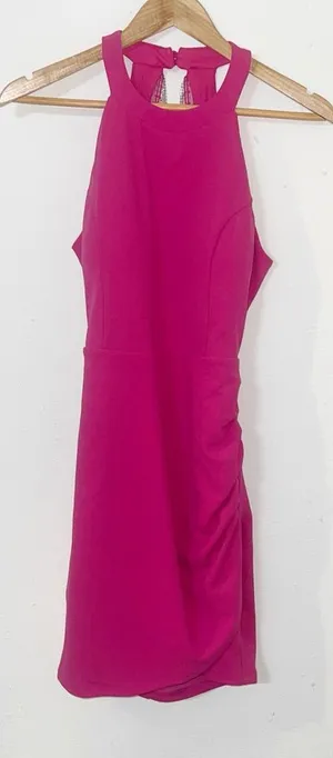 Sincerely Jules hot pink glitter fringe open back high neck mini dress thumbnail 1