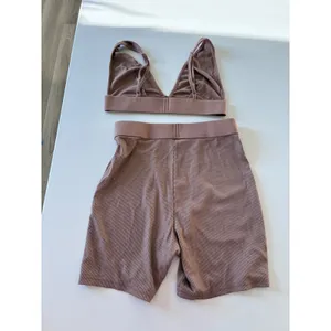 Ribbed Lounge Set Triangle Bralette and High Waisted Biker Shorts Taupe Brown thumbnail 3