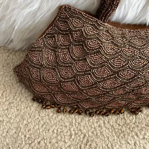Vintage brown beaded fish scale triangle shape double handle satin handbag purse thumbnail 4