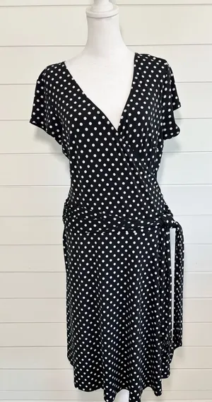 AB‎ Studio Black and White Polka Dot Wrap Midi Dress Size L thumbnail 1