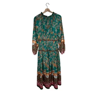 Current Air Los Angeles Green Floral Smocked Midi Dress Boho Velvet Trim Small thumbnail 2