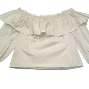 Alexis Off Shoulder Ruffle Cotton Poplin Blouse White Cropped Top XS thumbnail 4