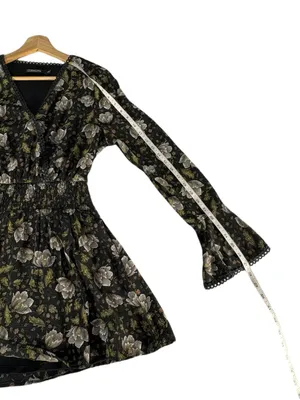 Doe & Rae Floral Mini Dress S Black Whimsigoth Bell Sleeve Smocked Boho thumbnail 9