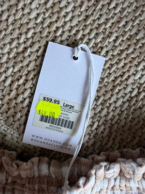 NWT Ghanda Co Smocked Gingham Off-Shoulder Dress in Beige 579-WN11 thumbnail 3