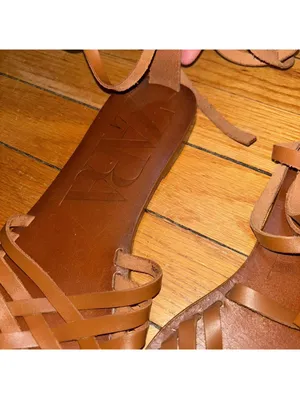 Zara tan leather sandals featuring a woven strap design and ankle laces thumbnail 4