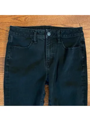 American Eagle Dream Jean Hi-Rise Jegging Distressed Raw Hem Black Skinny Jeans thumbnail 4
