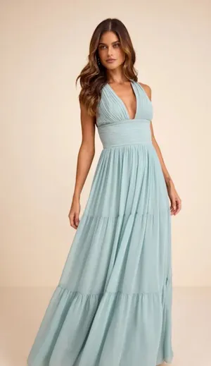 Lulus Leora Light Blue Pleated Tiered Maxi Dress Size Large thumbnail 1