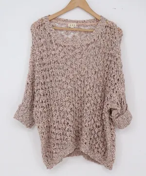 POL Sweater Women M Boho Open Knit Crochet Pink Marled Cuffed Sleeve Excellent thumbnail 1