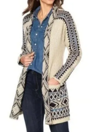 LUCKY BRAND Aztec Open Cardigan Tribal 3rd Piece Multi Navy Blue Boho Duster S thumbnail 1