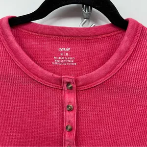 Aerie Henley thermal women’s M red waffle knit distressed neckline long sleeve thumbnail 14