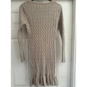 Beige Cable Knit Ruffle Hem Long Sleeve Sweater Dress thumbnail 2