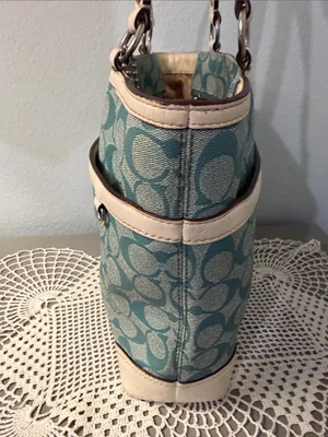 Coach Chelsea Teal and Cream Signature Stripe Tote. thumbnail 3