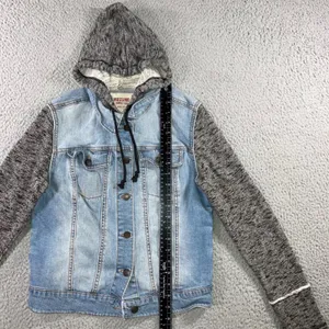 Denim Hoodie Jacket Women M Blue Gray Mixed‎ Media Grunge Street Indie Outerwear thumbnail 12