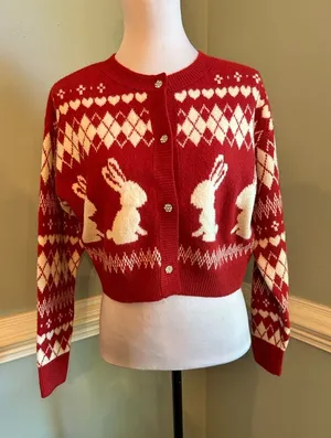 wild fable Red and White Bunny Knit Cropped Cardigan thumbnail 1