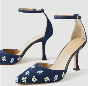 Ann Taylor Navy Blue Floral Embroidered Design Flowers Pointed Kitten Heels Sandals thumbnail 1