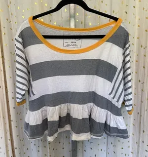 We The Free 100% Cotton Grey White Stripes Contrasting Yellow Trim Peplum Top M thumbnail 1
