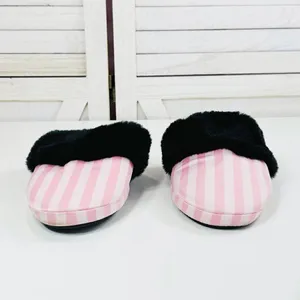 Victoria's Secret Faux Fur Trim Striped Slippers Pink Black‎ Large thumbnail 3