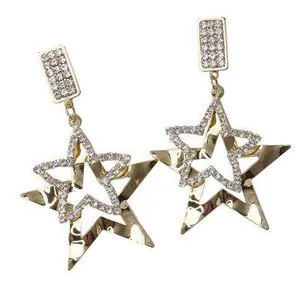 Women's Double Stars Pentagram Dangle Drop Earrings Gold thumbnail 2