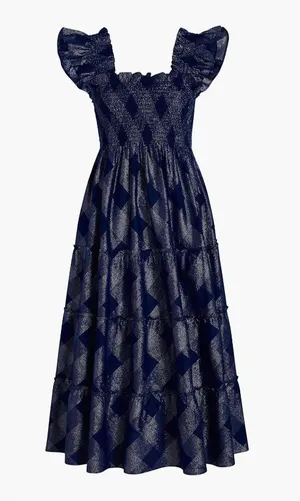 NWT Hill House Ellie Nap in Navy Glitter Check Plaid Smocked Midi Dress L thumbnail 1