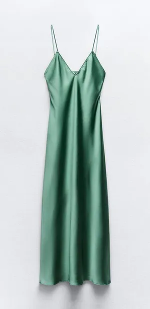 Zara Dress wedding emerald green Slip Midi Satin Effect Maxi Coctail Party thumbnail 13