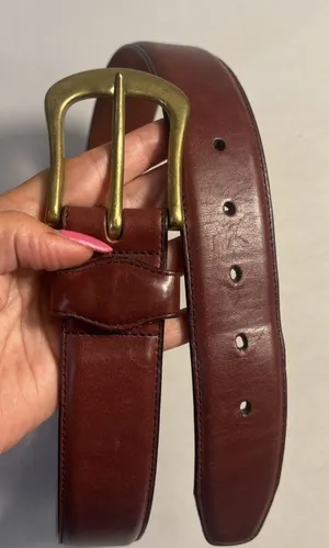 Vintage Lands End Brown Leather Belt Woman Size 28‎ Solid Brass Buckle USA thumbnail 1