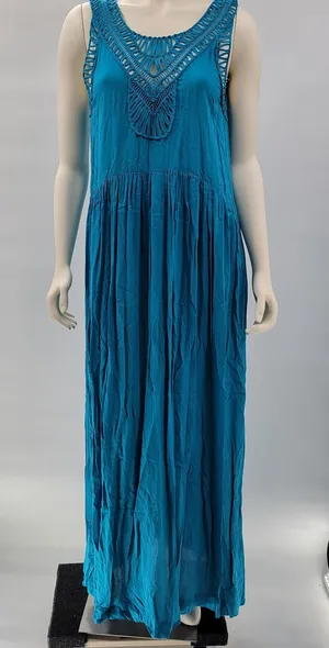 Anthropologie x Mermaid Macrame Maxi Dress M Blue Rayon Flowy Coastal Vacation thumbnail 1