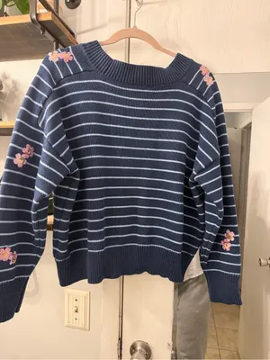 Joseph Navy Striped Crewneck Sweater with Pink Floral Appliqués thumbnail 5