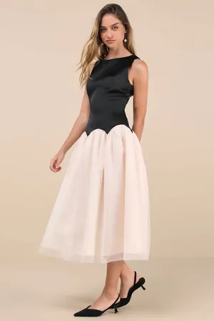 Lulus Satin Bodice Tulle Skirt Drop Waist Colorblock Midi Dress thumbnail 2