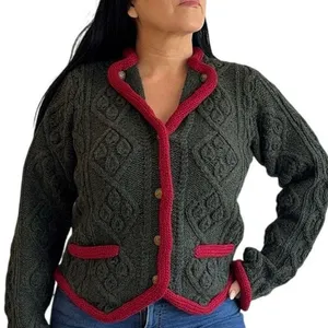 Lands’ End Vintage Shetland Wool Cardigan Green Pink Trim Cable Knit Jacket L thumbnail 1