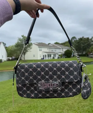 Juicy Couture Black Monogram Shoulder Bag Y2K Silver Chain Charm Purse NWT thumbnail 1