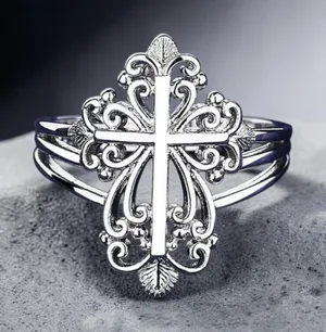 Boutique New Vintage Look Silver Cross Filigree Ring Size 8 thumbnail 1