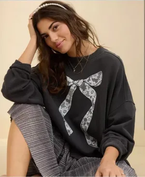 Aerie Lace Ribbon Bow Sweatshirt Charcoal Gray Oversized Keyhole Back Medium thumbnail 1