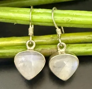 Vintage 925 Sterling Silver Small Heart Moonstone Drop Earrings 3.6g thumbnail 1