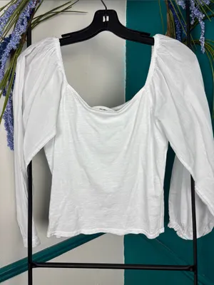 Self contrast White Scoop Neck Peasant Blouse with Puff Sleeves thumbnail 7