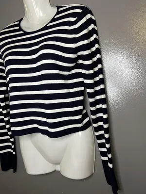 Zara Sweater Womens Large Blue White Striped Crew Neck Long Sleeve Knit Pullover thumbnail 4