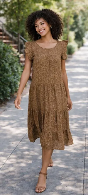 Ruffle Sleeve Tiered Midi Long Short Sleeve Alredine Dress NWOT Casual‎ Brown XS thumbnail 1
