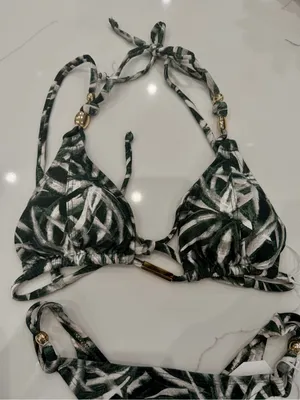 Dark Geeen & White Leaf Print Triangle Bikini Set NWT Green thumbnail 3