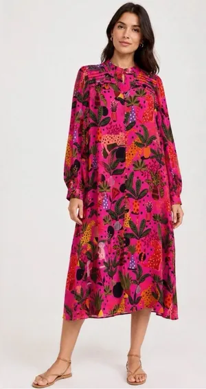 Farm Rio Jungle Print Maxi Dress Womens Pink Leopard Monkey Long Sleeve Sz S thumbnail 1