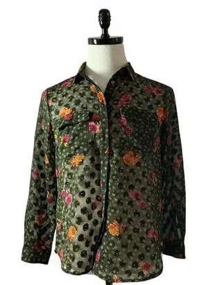 LOFT Floral Swiss Dot Sheer Button Down Blouse Womens M Green Fall Dark Academia thumbnail 1