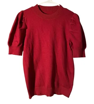 Women's Sz Small Short Puff Sleeve Sweater Crewneck Burgundy Red Viscose Stretch thumbnail 1
