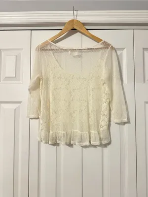 Abercrombie & Fitch Cream Lace Peplum Blouse, Large thumbnail 4