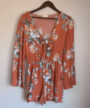 Altar'd State Floral Tie-Front Romper - Women's Size Medium - Long Bell Sleeve thumbnail 1