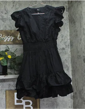 Aqua Womens Cotton Woven V-Neck Babydoll Mini Dress Black M thumbnail 1