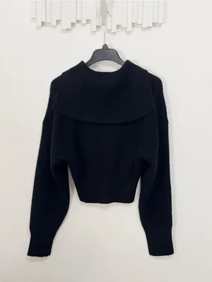 Zenana Black Ribbed Knit Two Way Zip Up Sweater Jacket Oversized Collar Cardigan thumbnail 10