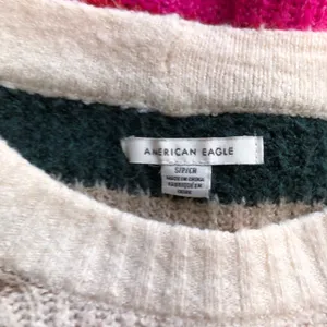 American Eagle Cropped Stripe Sweater Small Colorful Chunky Knit Crewneck Cozy thumbnail 7